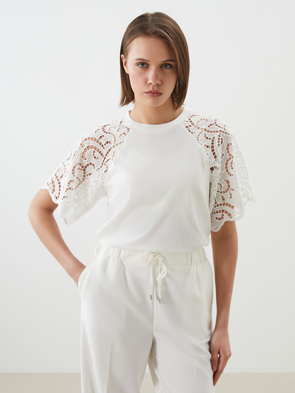 Crew Neck Lace Detailed Women's Blouse -S5CU20Z8-R9J