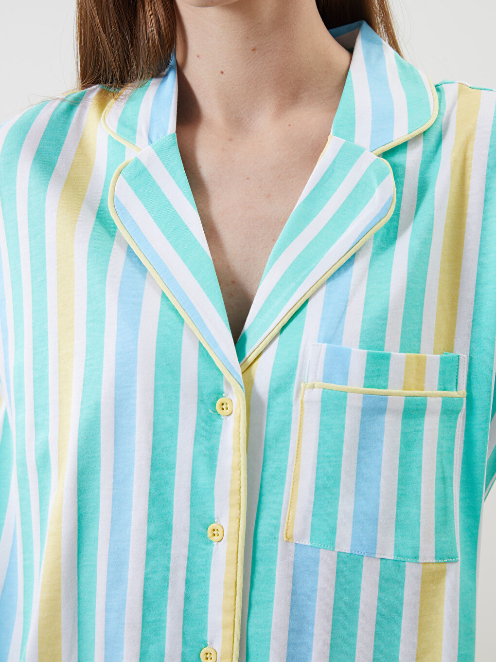 Sarı Gömlek Yaka Çizgili Kadın Pijama Üstü-1