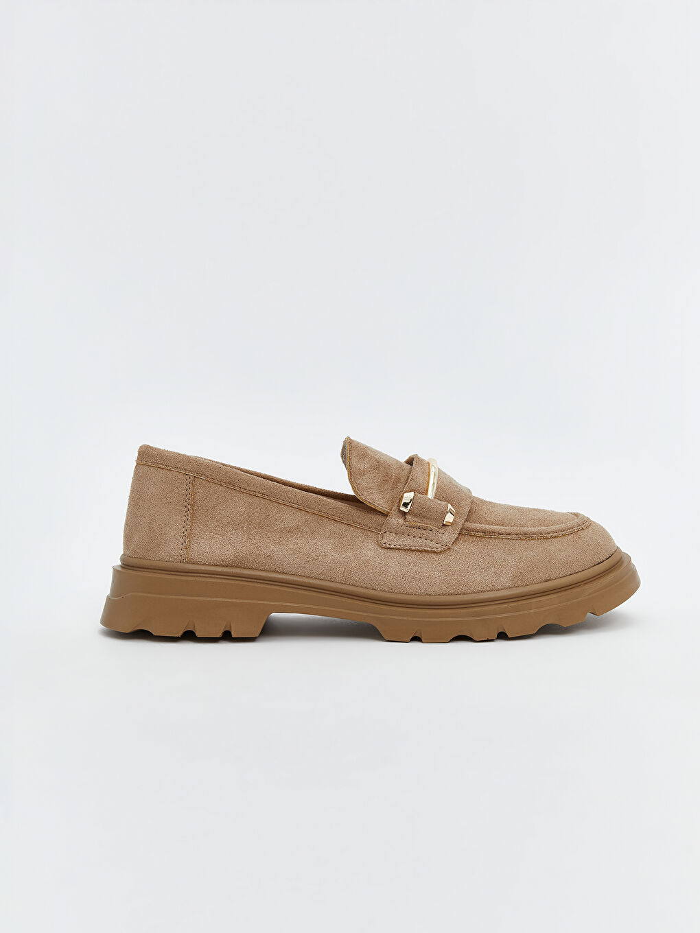 Bej Deri Görünümlü Metal Aplike Detaylı Kadın Loafer Ayakkabı-3