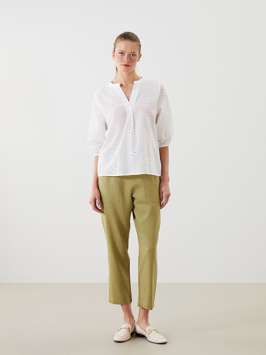 Pantalone za žene od mešavine lana sa elastičnim strukom -S5CV82Z8-D0D