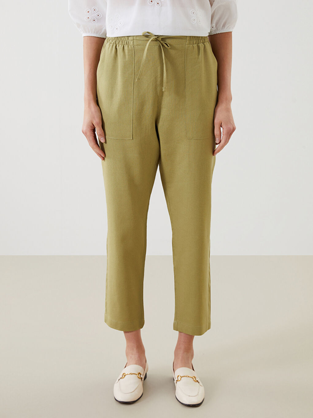 Pantalone za žene od mešavine lana sa elastičnim strukom -S5CV82Z8-D0D