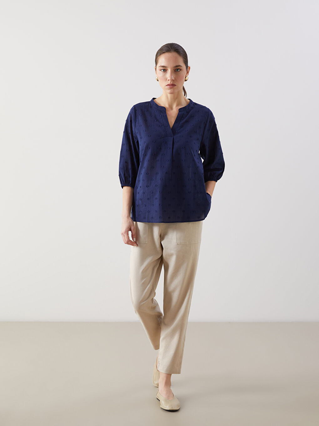 Pantalone za žene od mešavine lana sa elastičnim strukom -S5CV82Z8-FFG