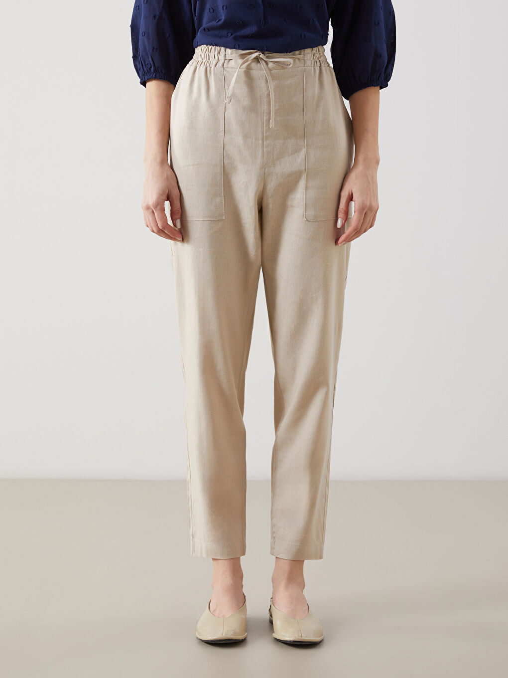 Pantalone za žene od mešavine lana sa elastičnim strukom -S5CV82Z8-FFG