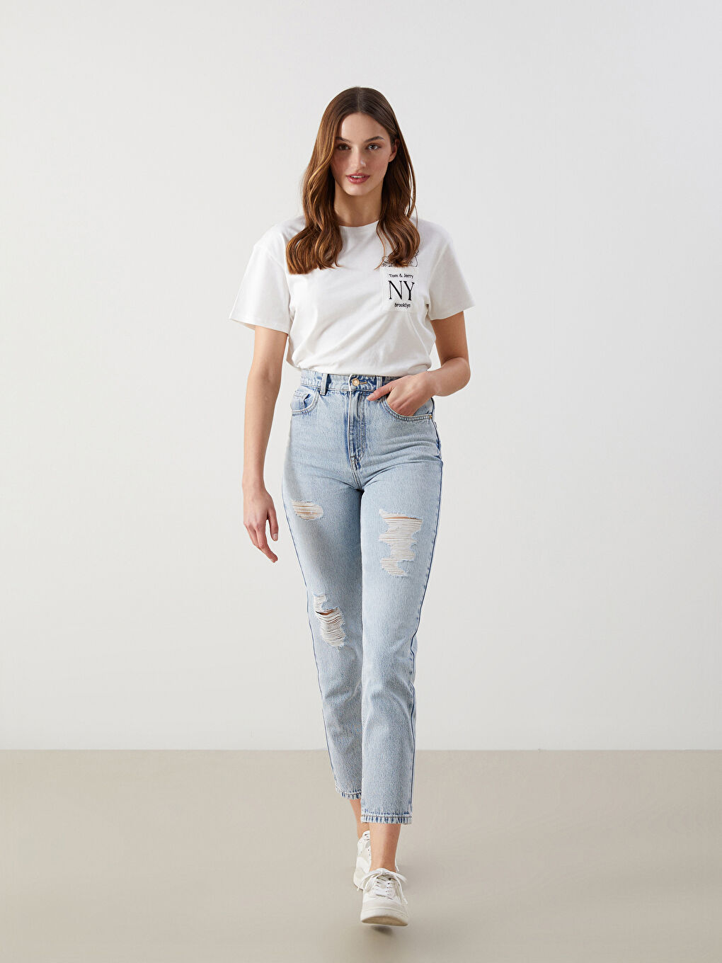 Ripped Detail Mom Fit Women's Jeans -S5CY46Z8-311