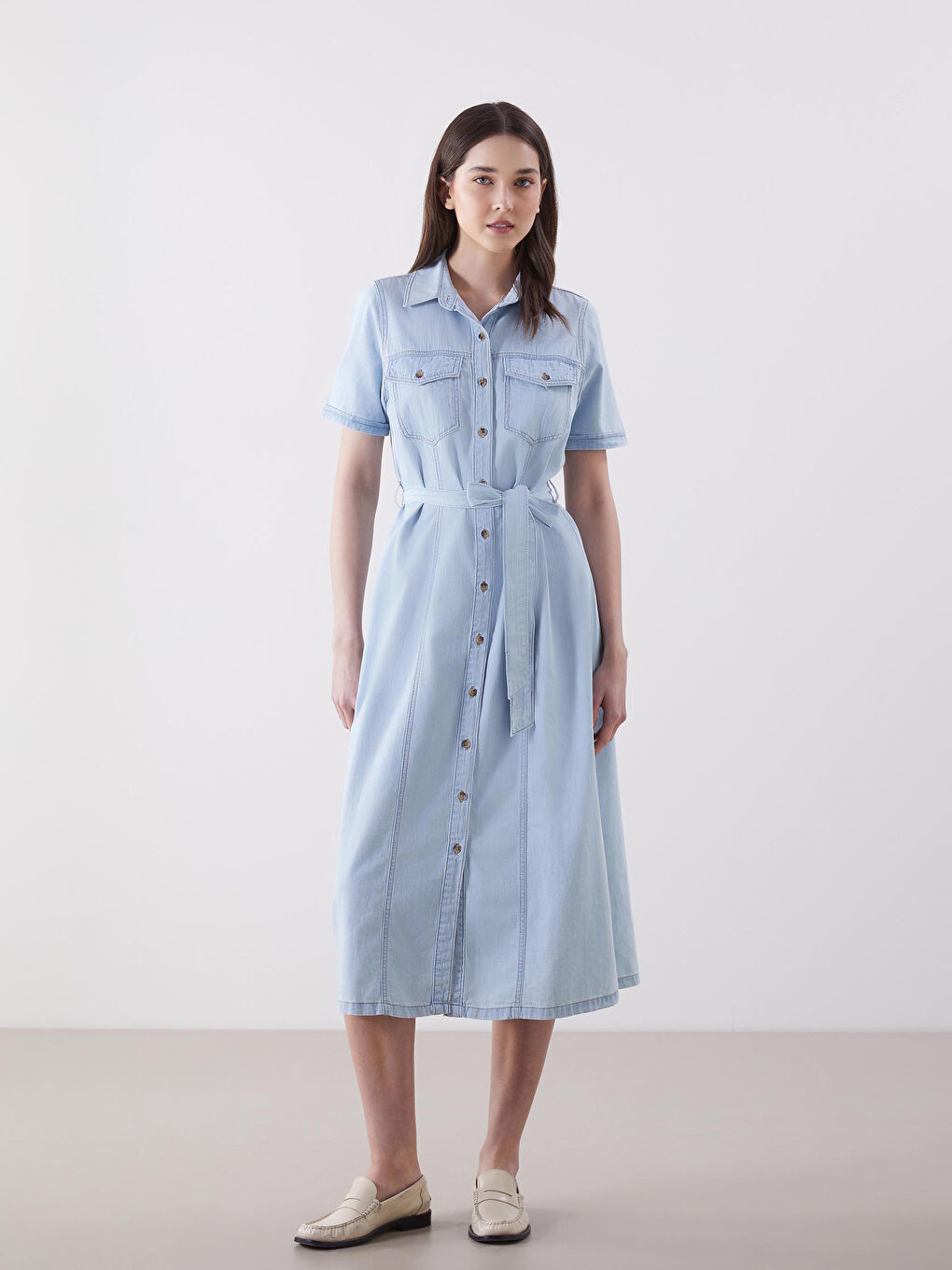 Collared Neck Women's Denim Dress -S5CY51Z8-311