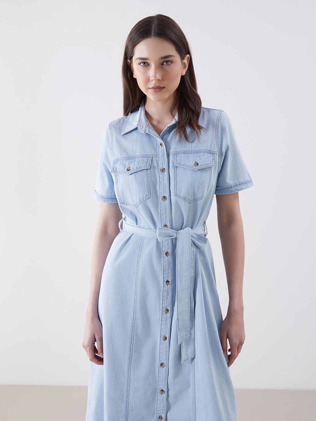 Collared Neck Women's Denim Dress -S5CY51Z8-311