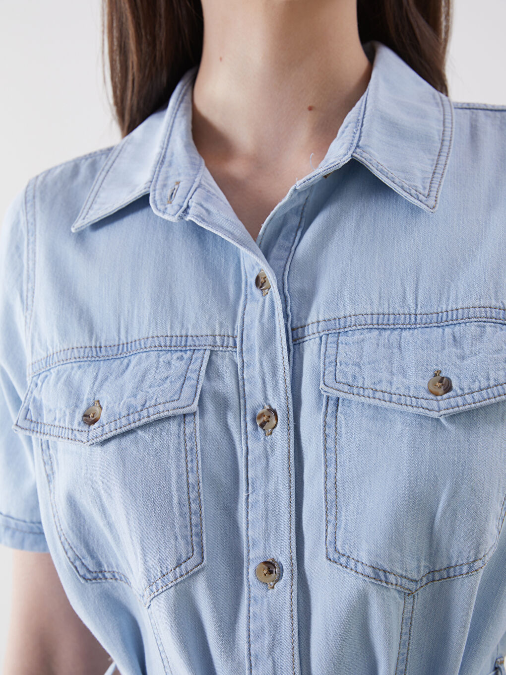 Collared Neck Women's Denim Dress -S5CY51Z8-311