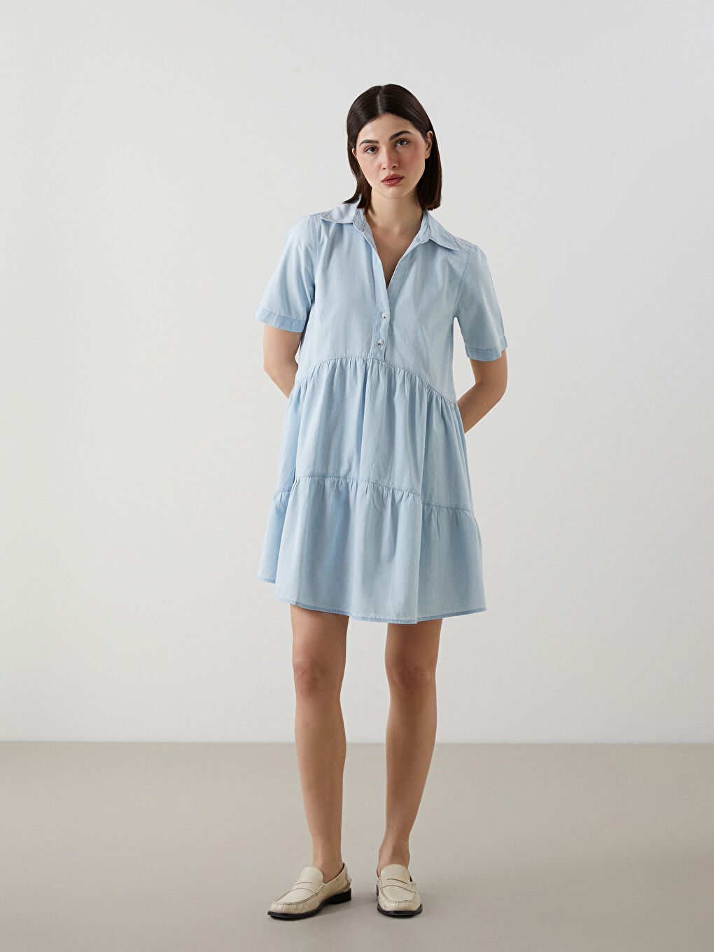 Collared Neck Mini Denim Dress -S5CY52Z8-311