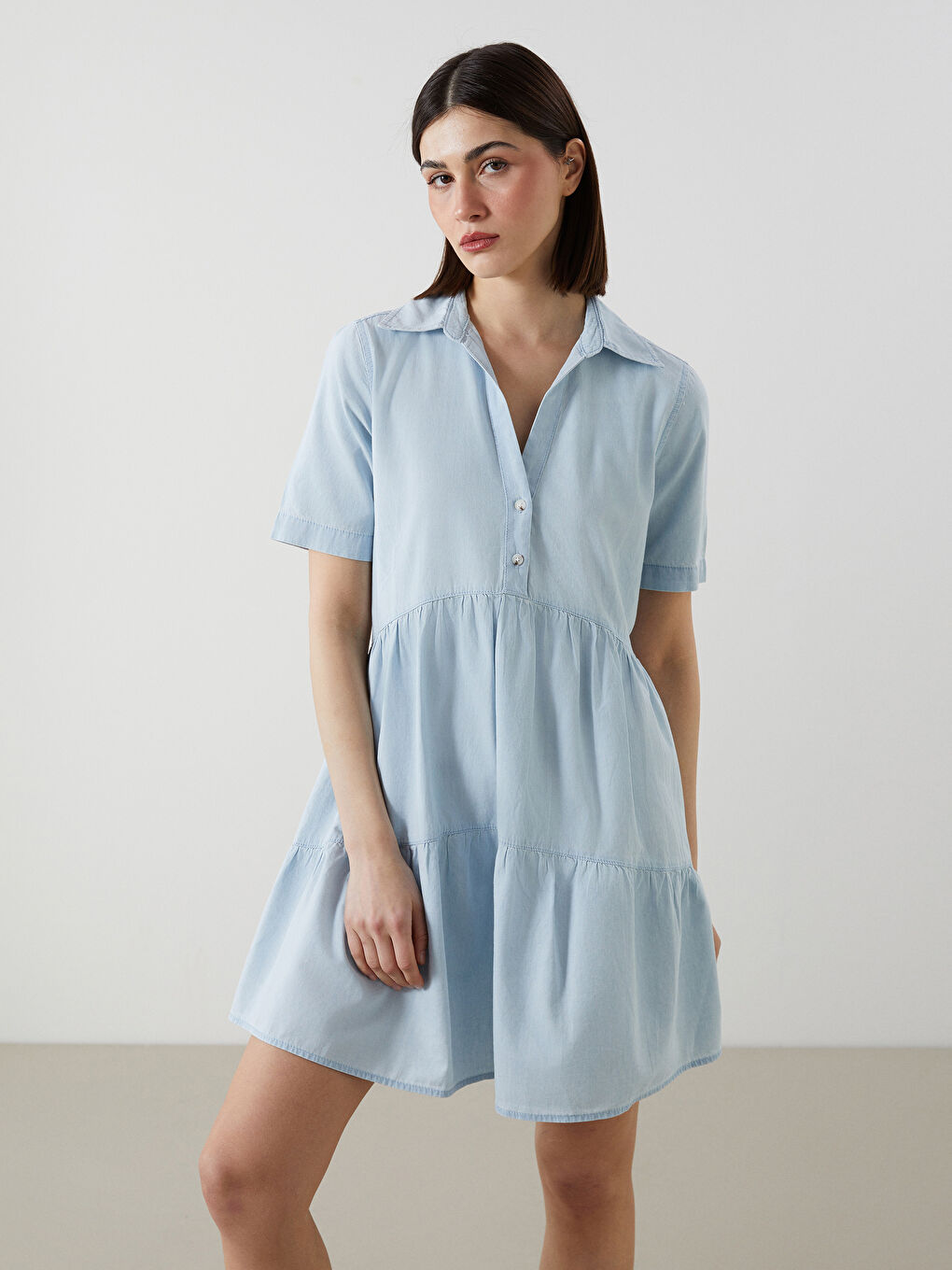 Collared Neck Mini Denim Dress -S5CY52Z8-311