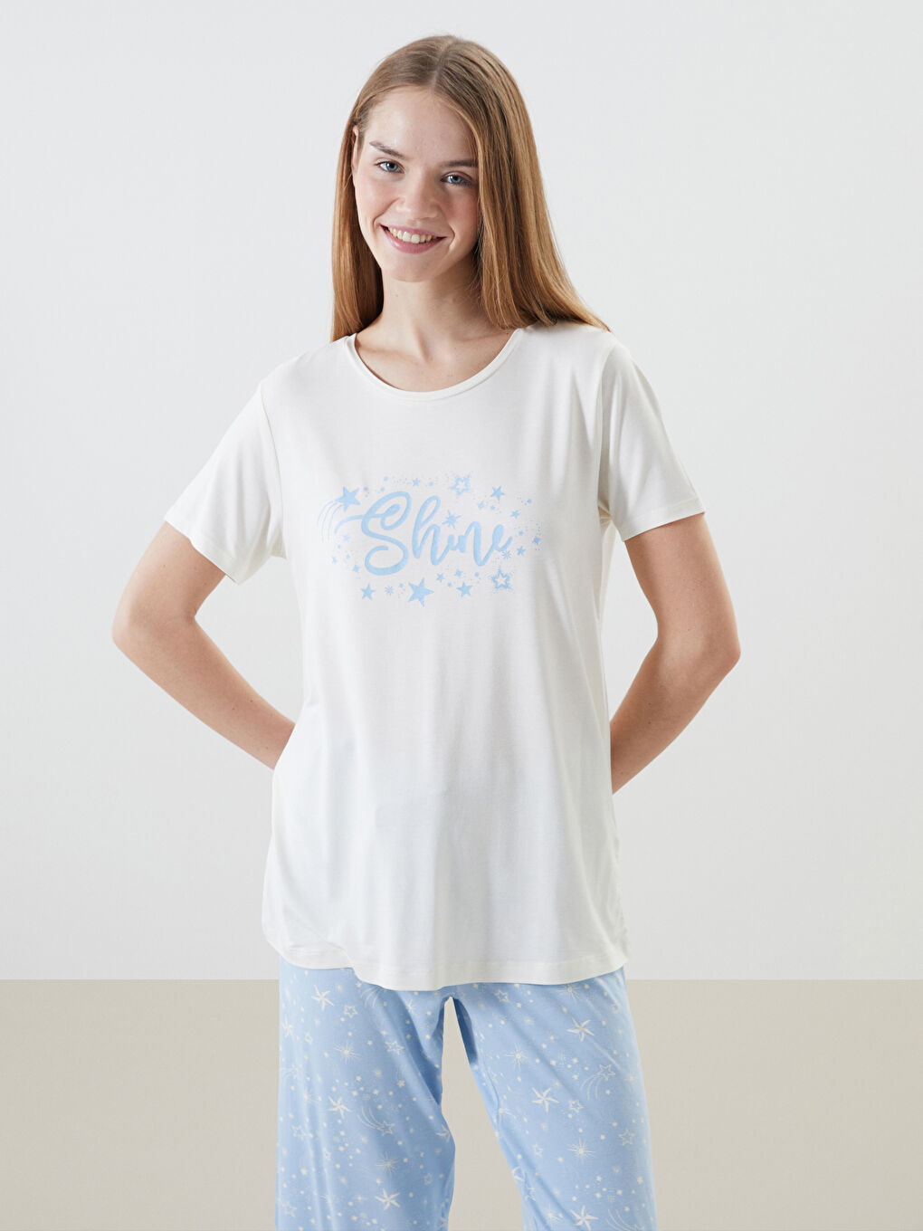 Mavi Bisiklet Yaka Baskılı Kadın Pijama Takımı