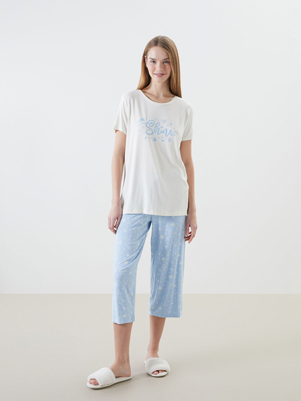 Mavi Bisiklet Yaka Baskılı Kadın Pijama Takımı-1