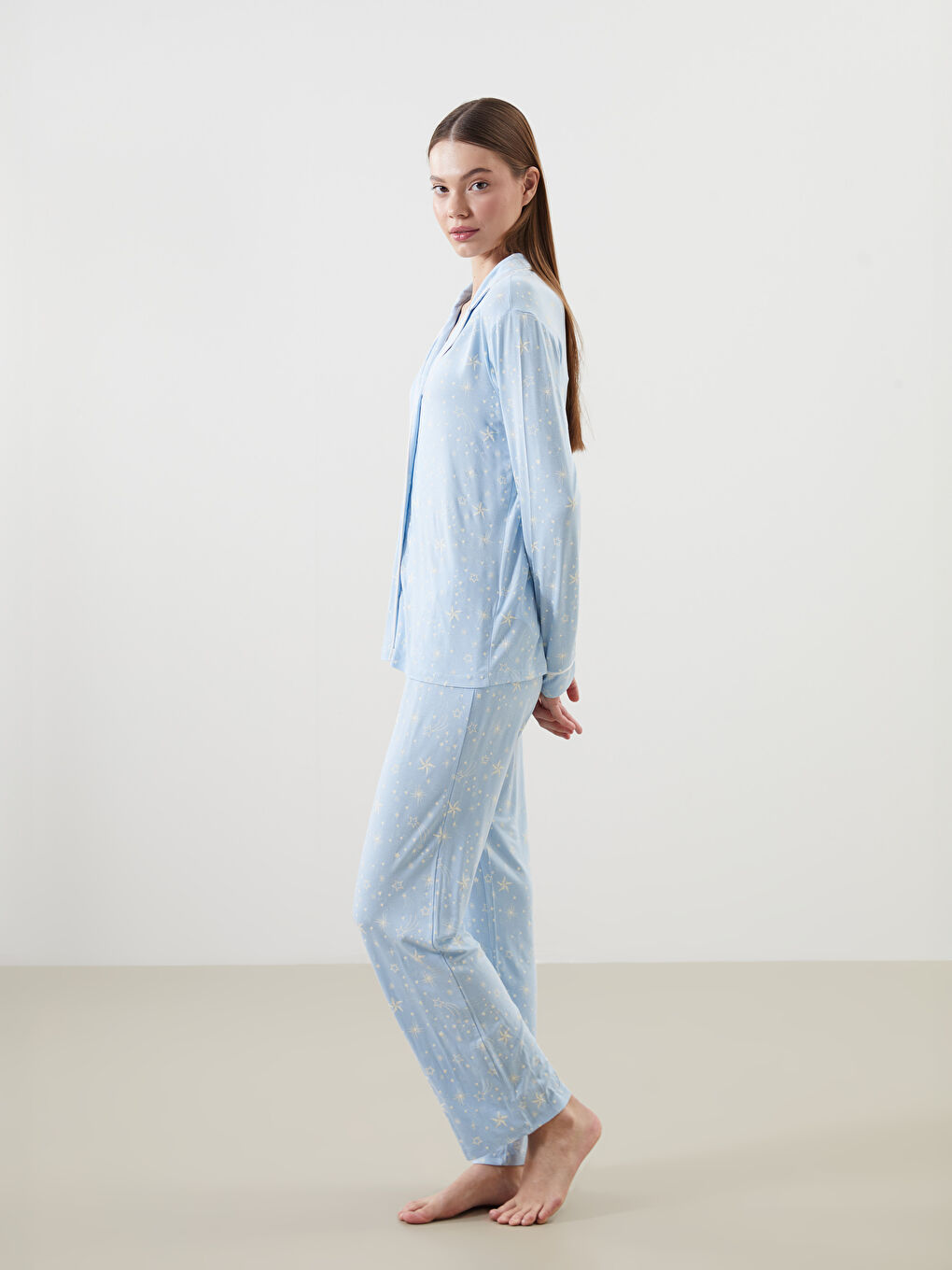 LCW DREAM Mavi Gömlek Yaka Desenli Kadın Pijama Takımı