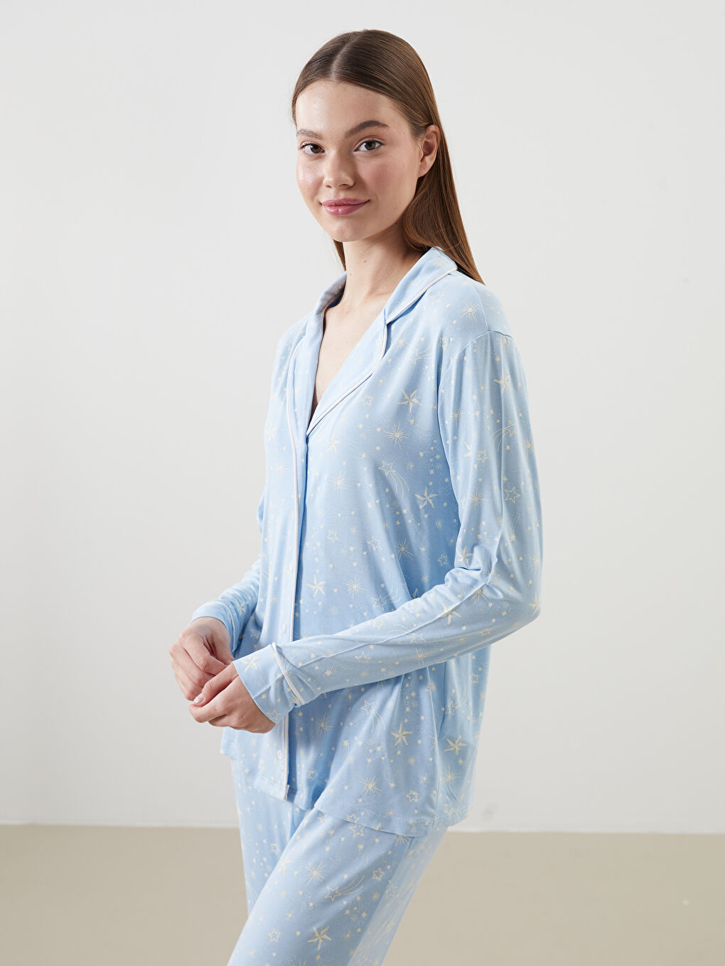 LCW DREAM Mavi Gömlek Yaka Desenli Kadın Pijama Takımı - 1