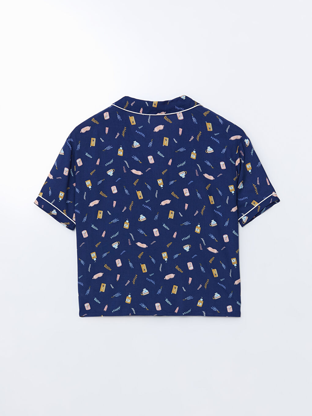Lacivert Gömlek Yaka Desenli Kadın Pijama Üst-1