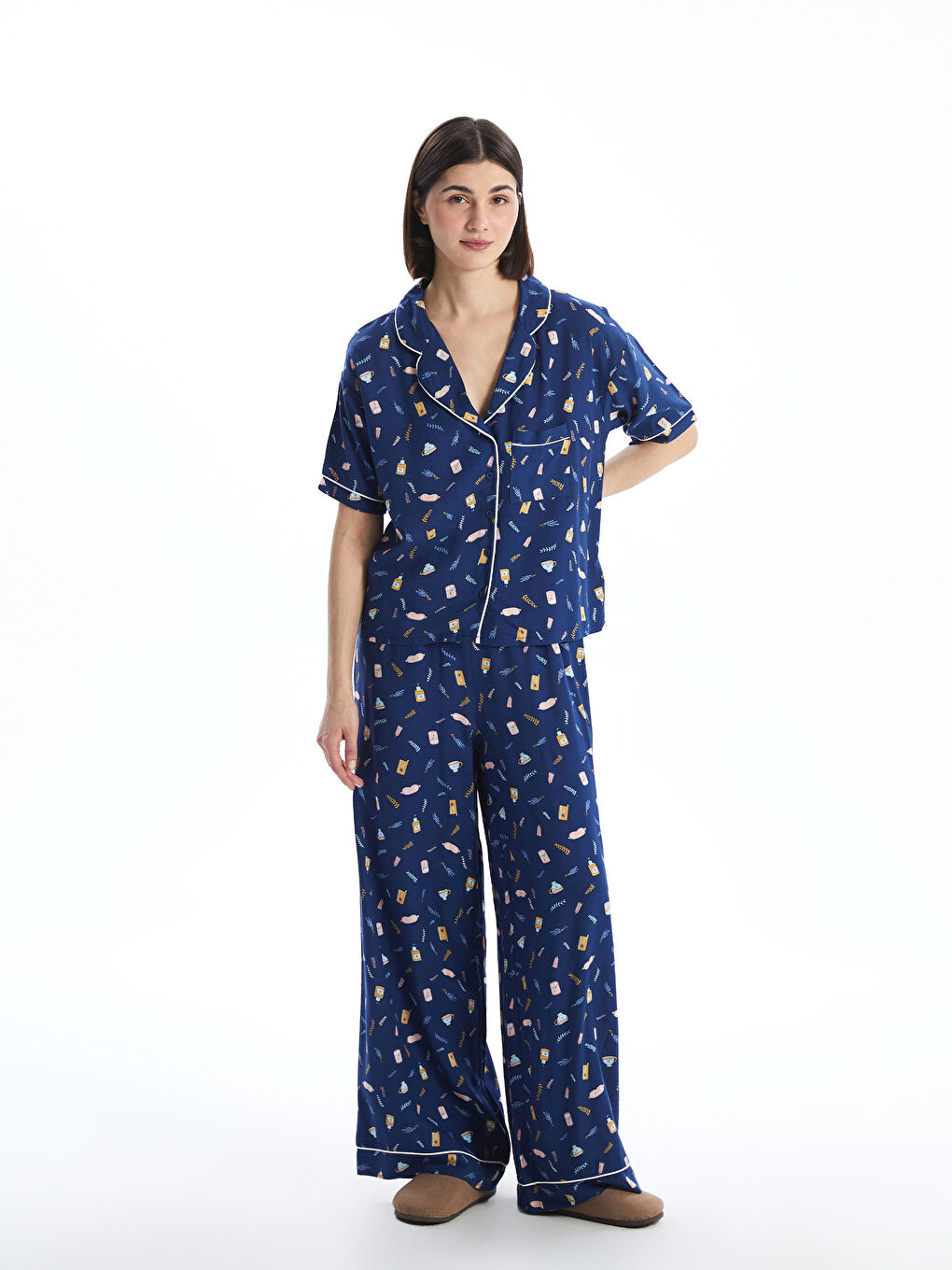 LCW DREAM Lacivert Gömlek Yaka Baskılı Kadın Pijama Takımı