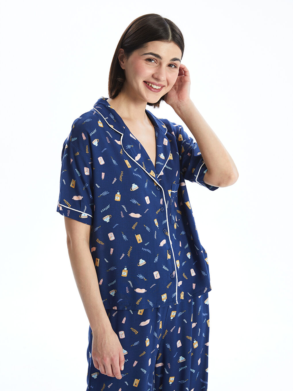 LCW DREAM Lacivert Gömlek Yaka Baskılı Kadın Pijama Takımı - 1