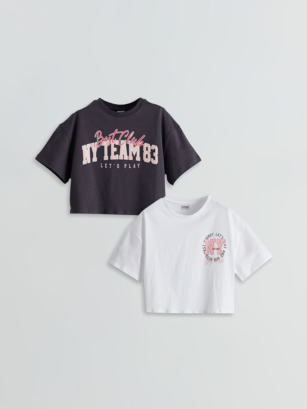 تيشيرت قصير بياقة دائرية للبنات - مجموعة من قطعتين