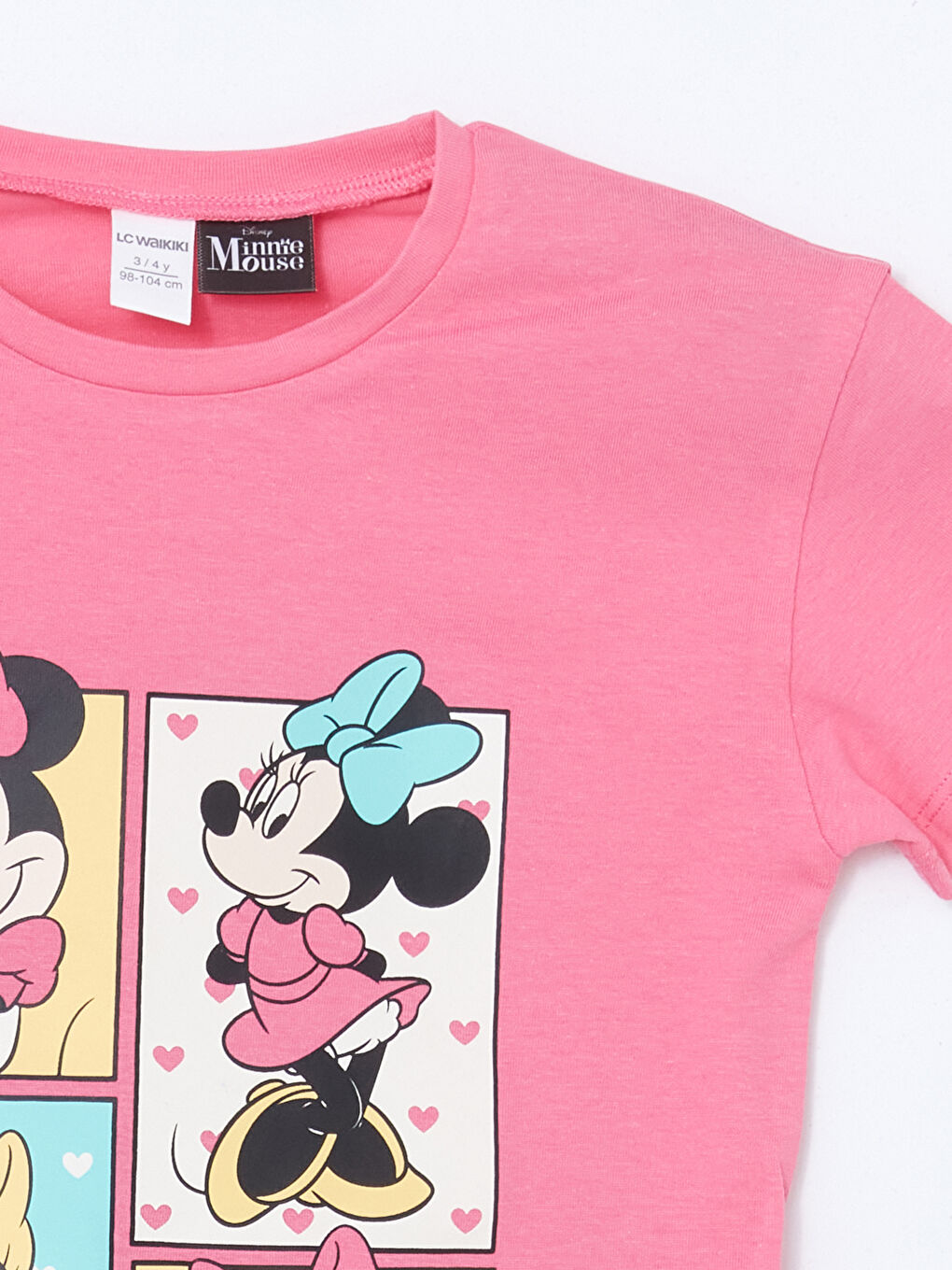 Pembe Bisiklet Yaka Minnie Mouse Baskılı Kız Çocuk Tişört-1