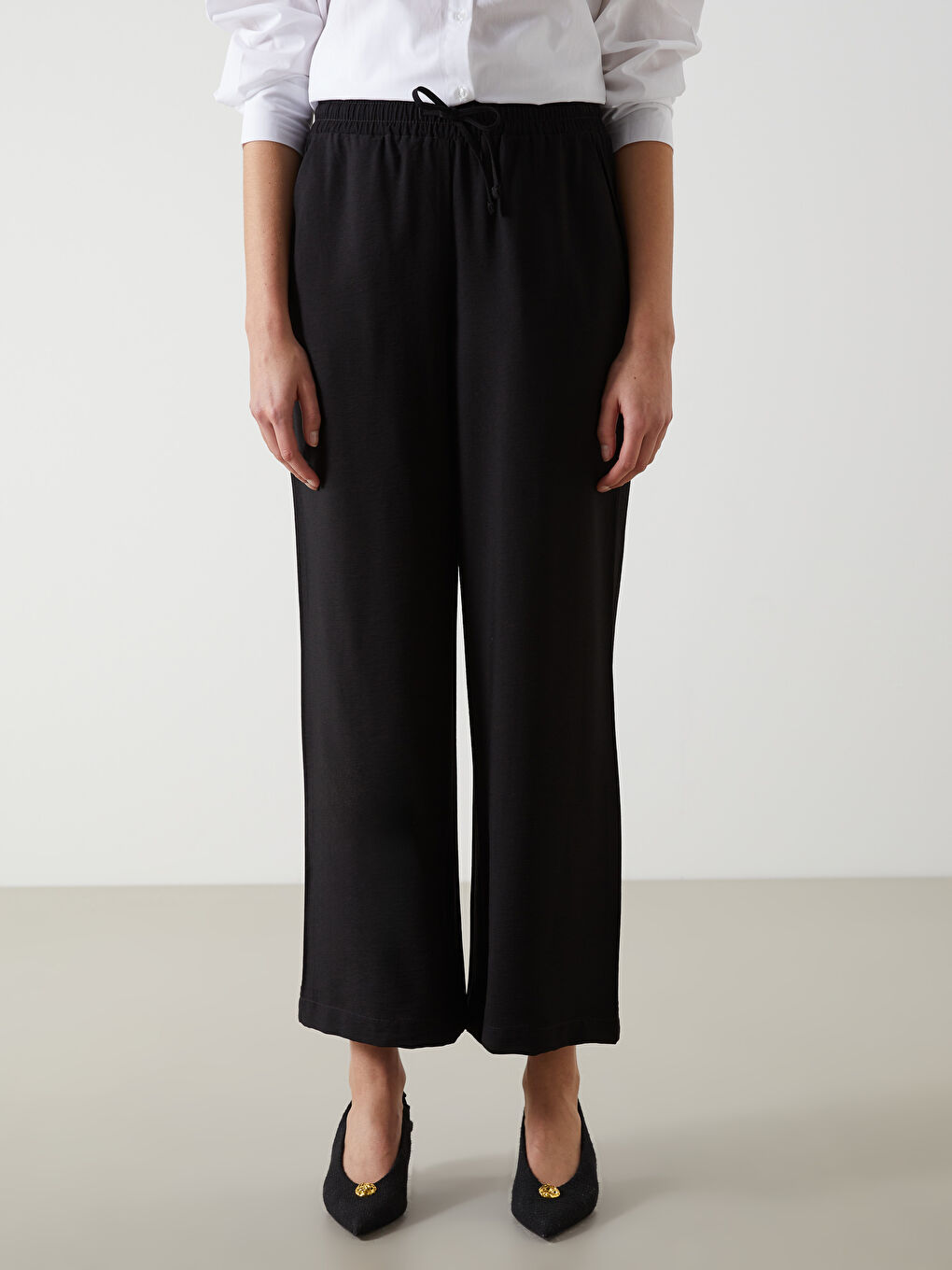 Pantalon à Taille Élastiquée à Jambe Large pour Femmes-1