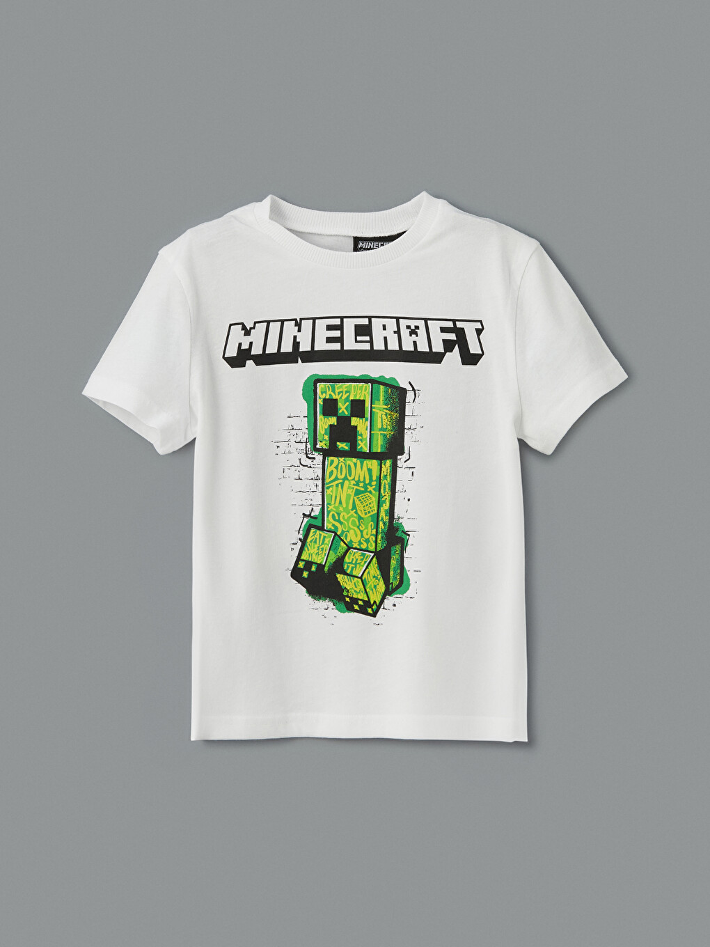 Beyaz Bisiklet Yaka Minecraft Baskılı Erkek Çocuk Tişört-1