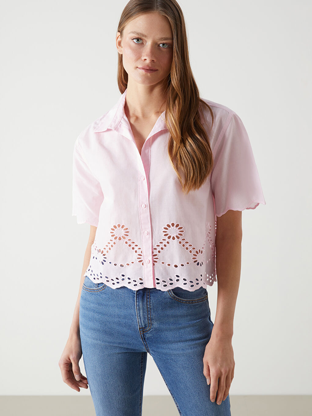 Collared Neck Hole-Knitted Broderie Women's Blouse -S5DG09Z8-DMQ