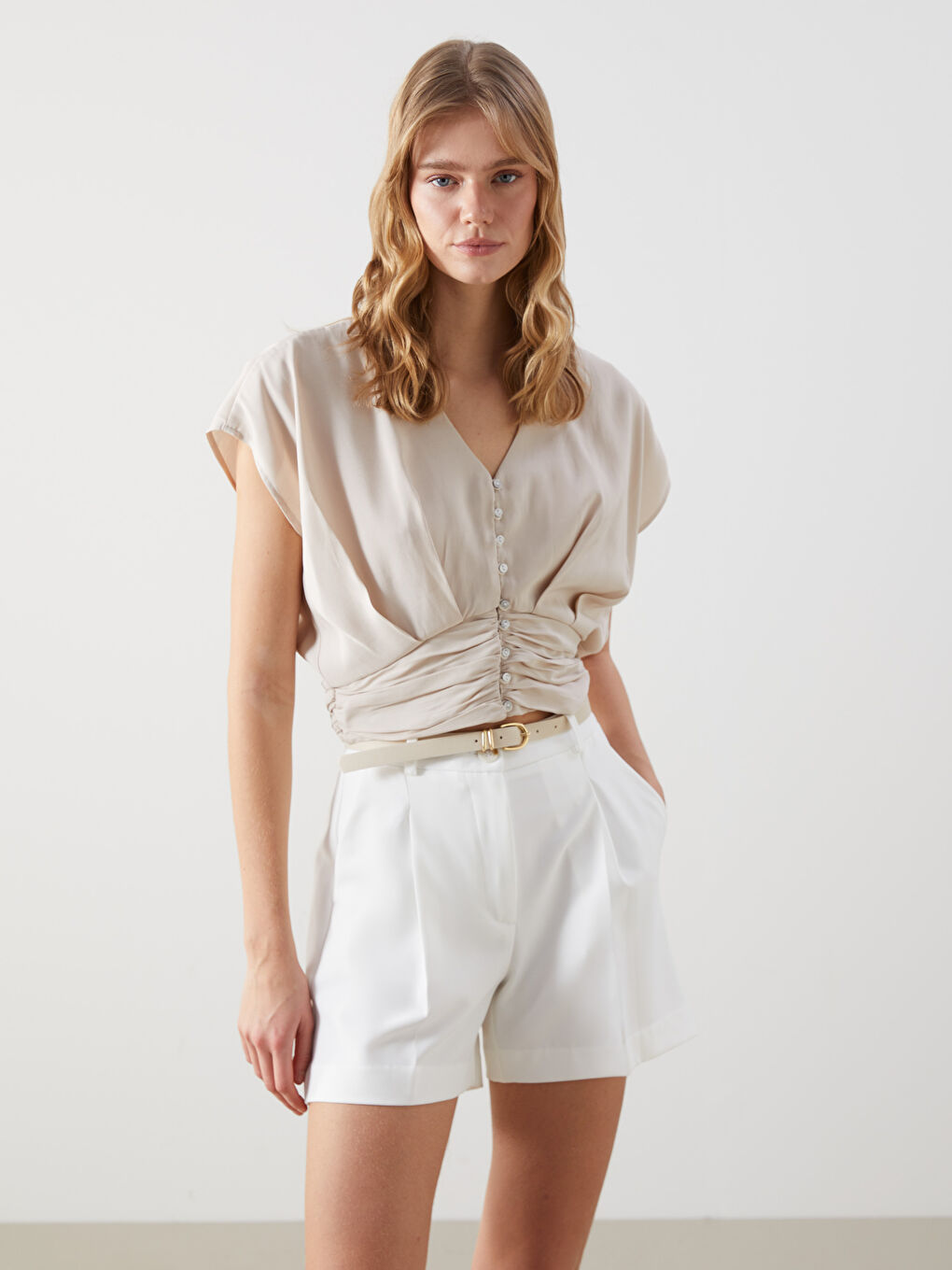V-Neck Plain Ruched Women's Blouse -S5DG24Z8-DRR