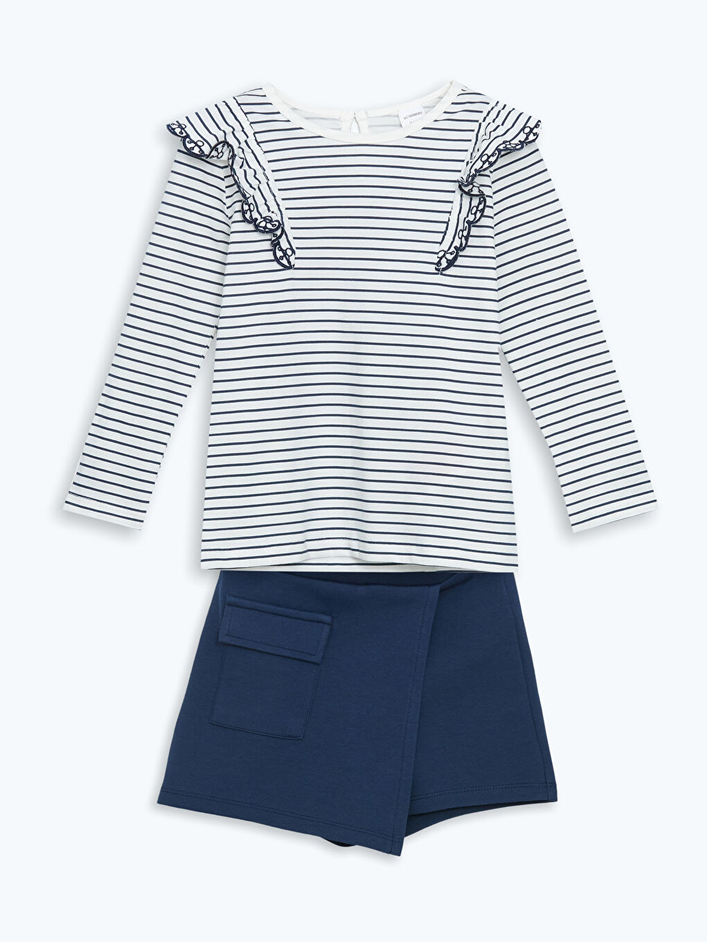 Lacivert Fırfırlı Çizgili Kız Çocuk Tişört ve Şort Etek 2'li