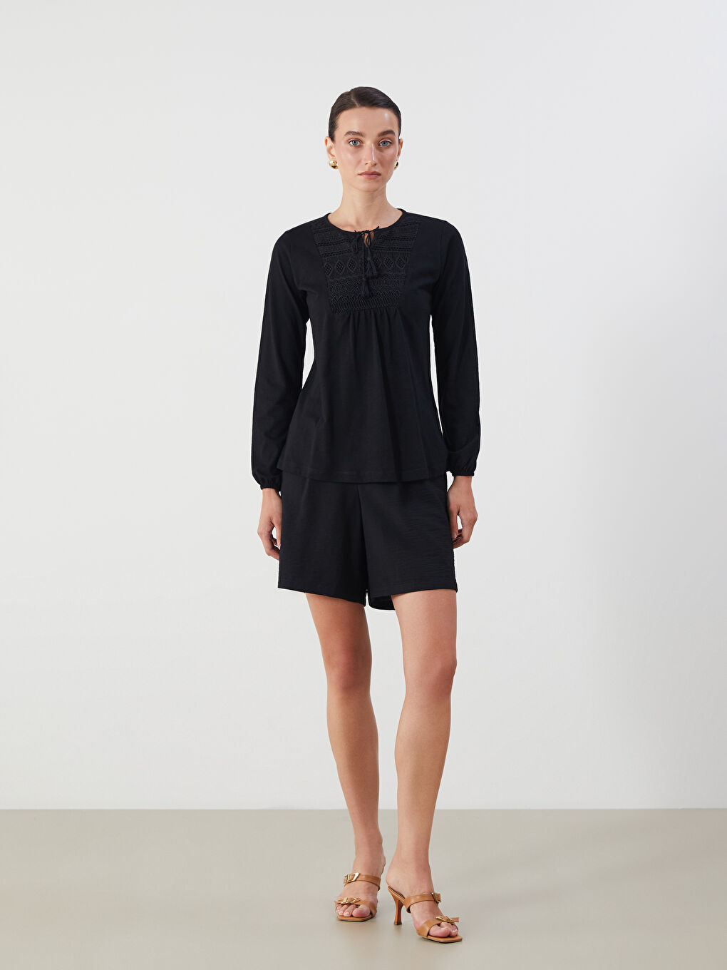 Women's Tie Neck Embroidered Blouse-2