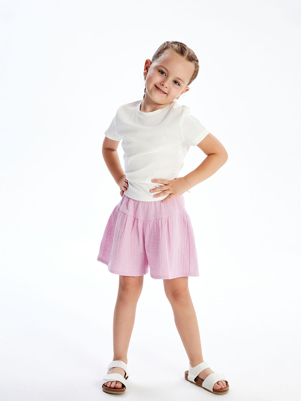 Lila Beli Lastikli Basic Müslin Kız Çocuk Şort-1
