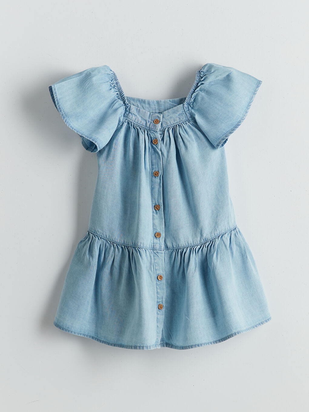 Square Collar Ruffled Girls' Denim Dress
