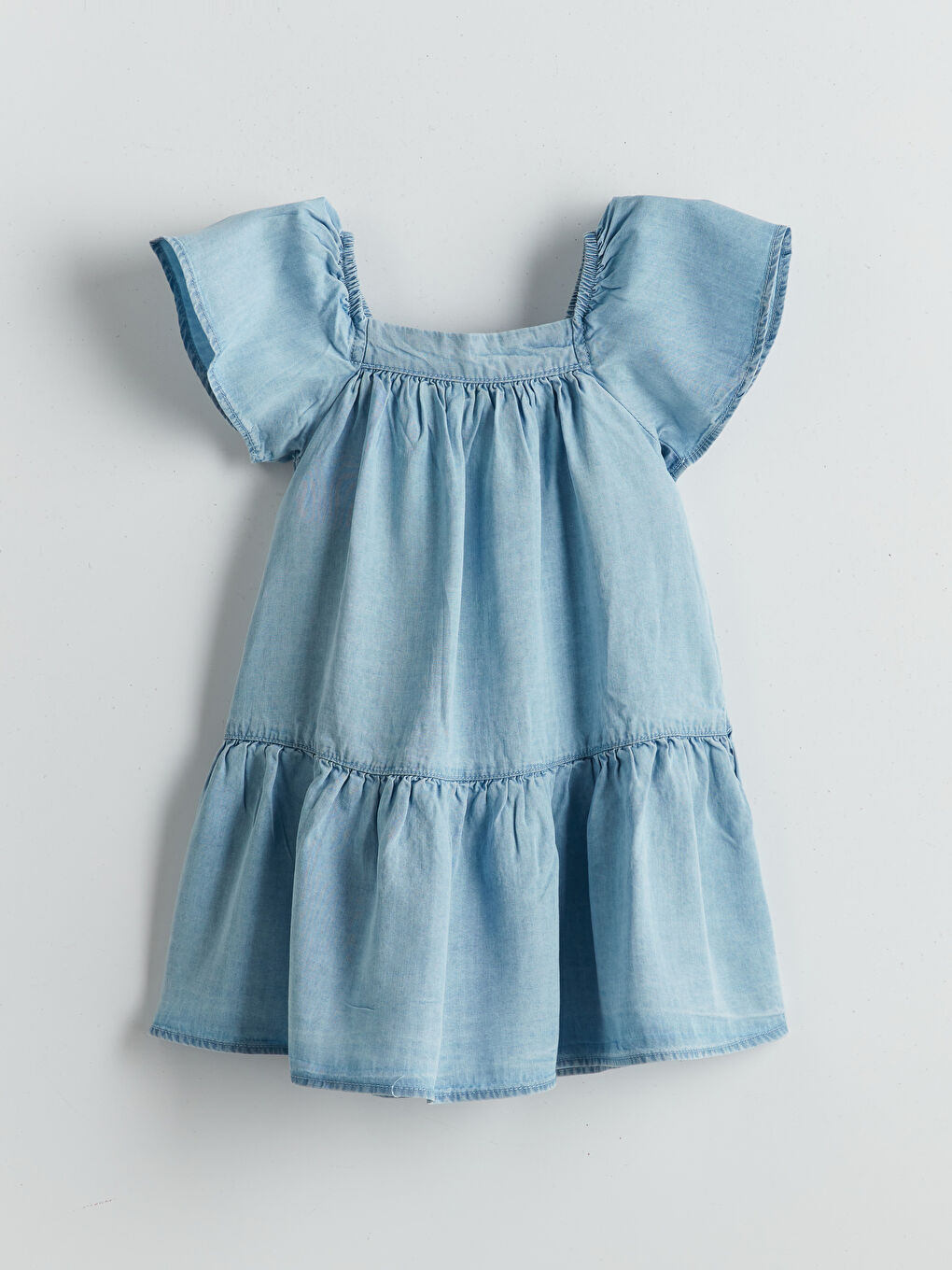 Square Collar Ruffled Girls' Denim Dress-1