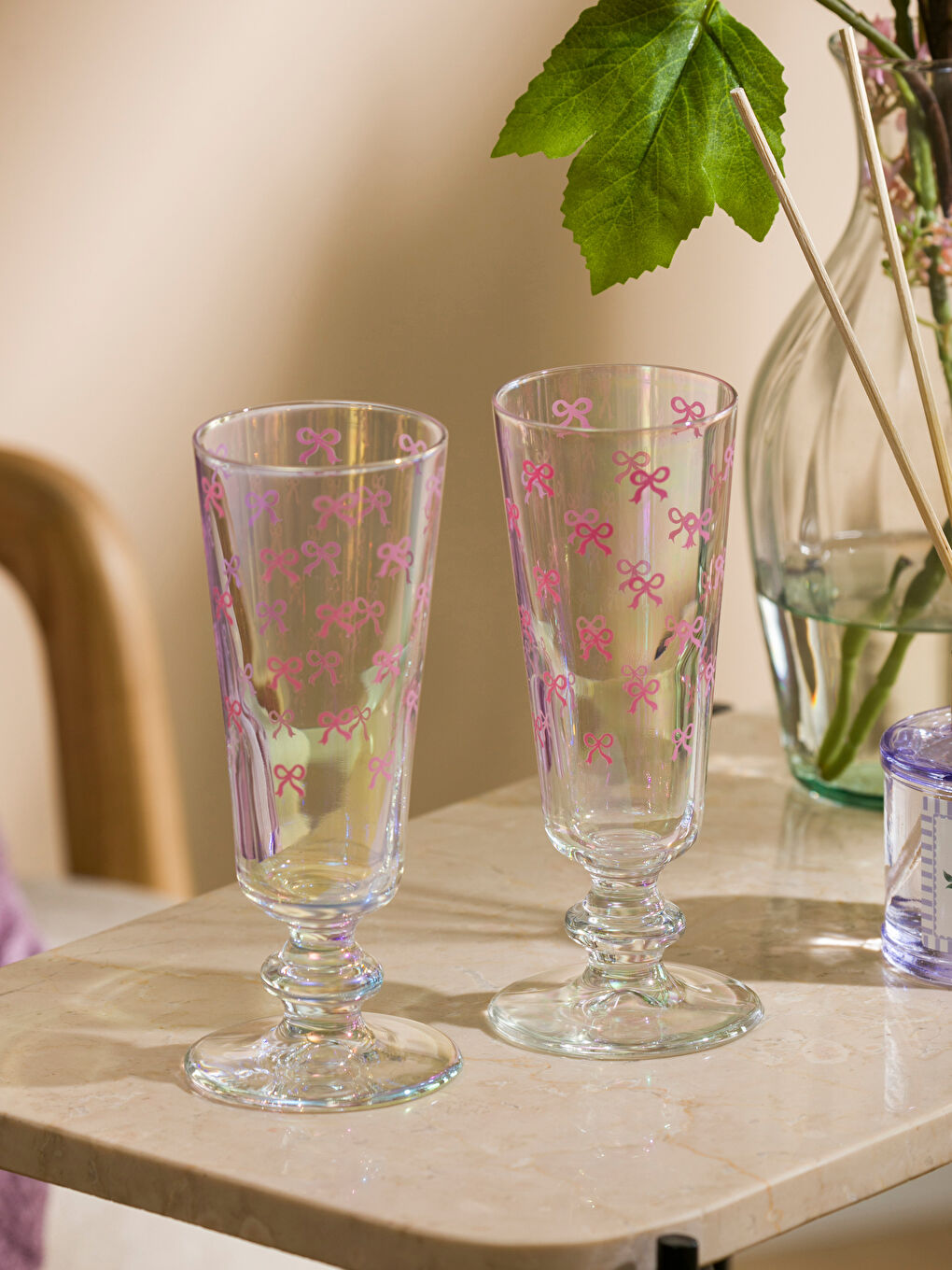 Pembe Fiyonk Baskılı Ayaklı Cam Bardak Seti 2'li 180 ml-4