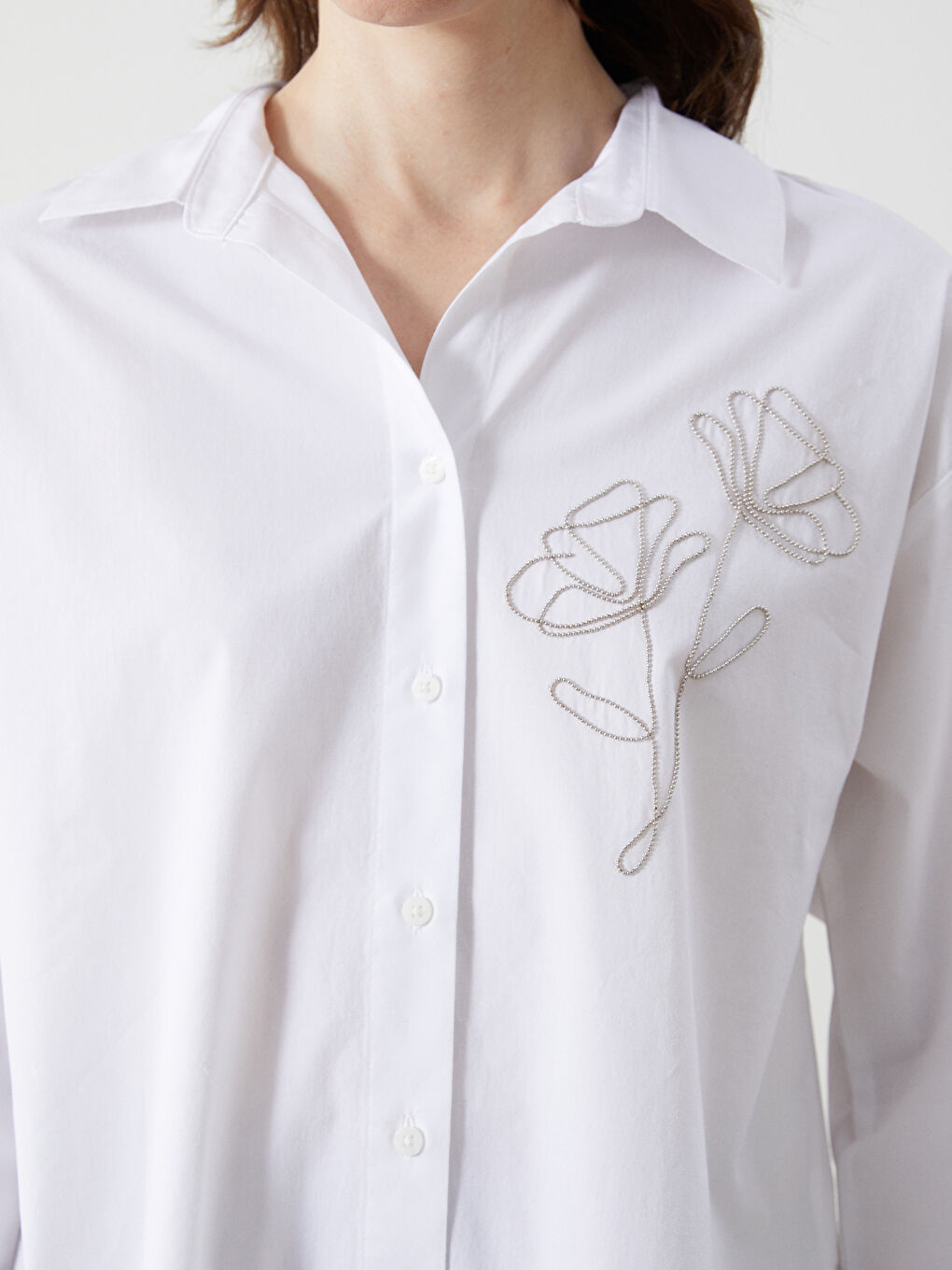 Loose Fit Poplin Floral Embroidered Women's Shirt -S5DJ44Z8-EEW