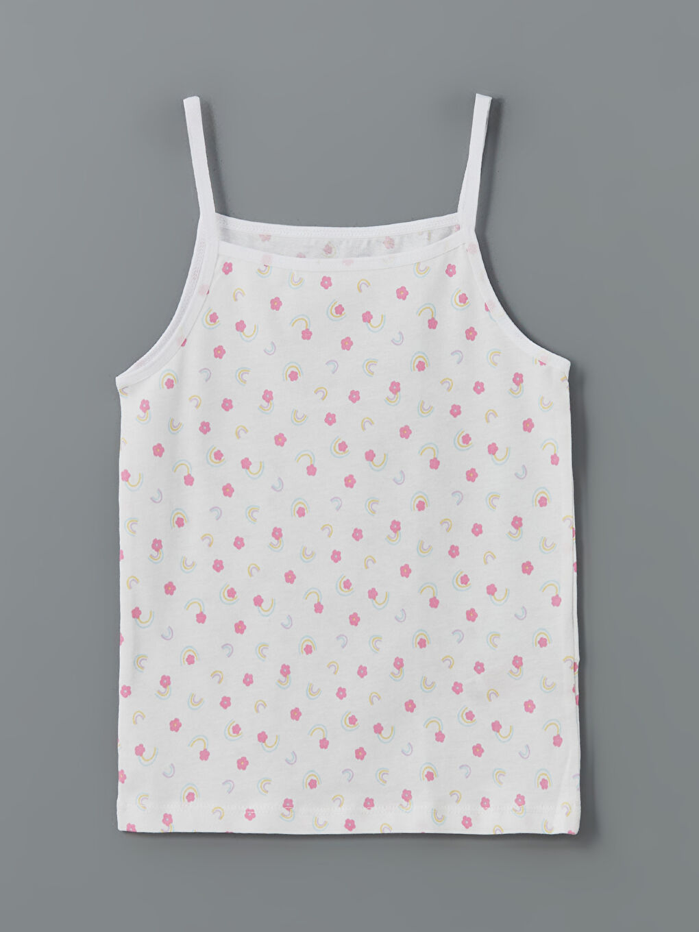 Beyaz Kare Yaka Baskılı İp Askılı Kız Çocuk Atlet