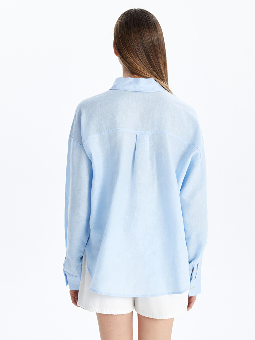 Mavi Oversize %100 Keten Kadın Gömlek-6