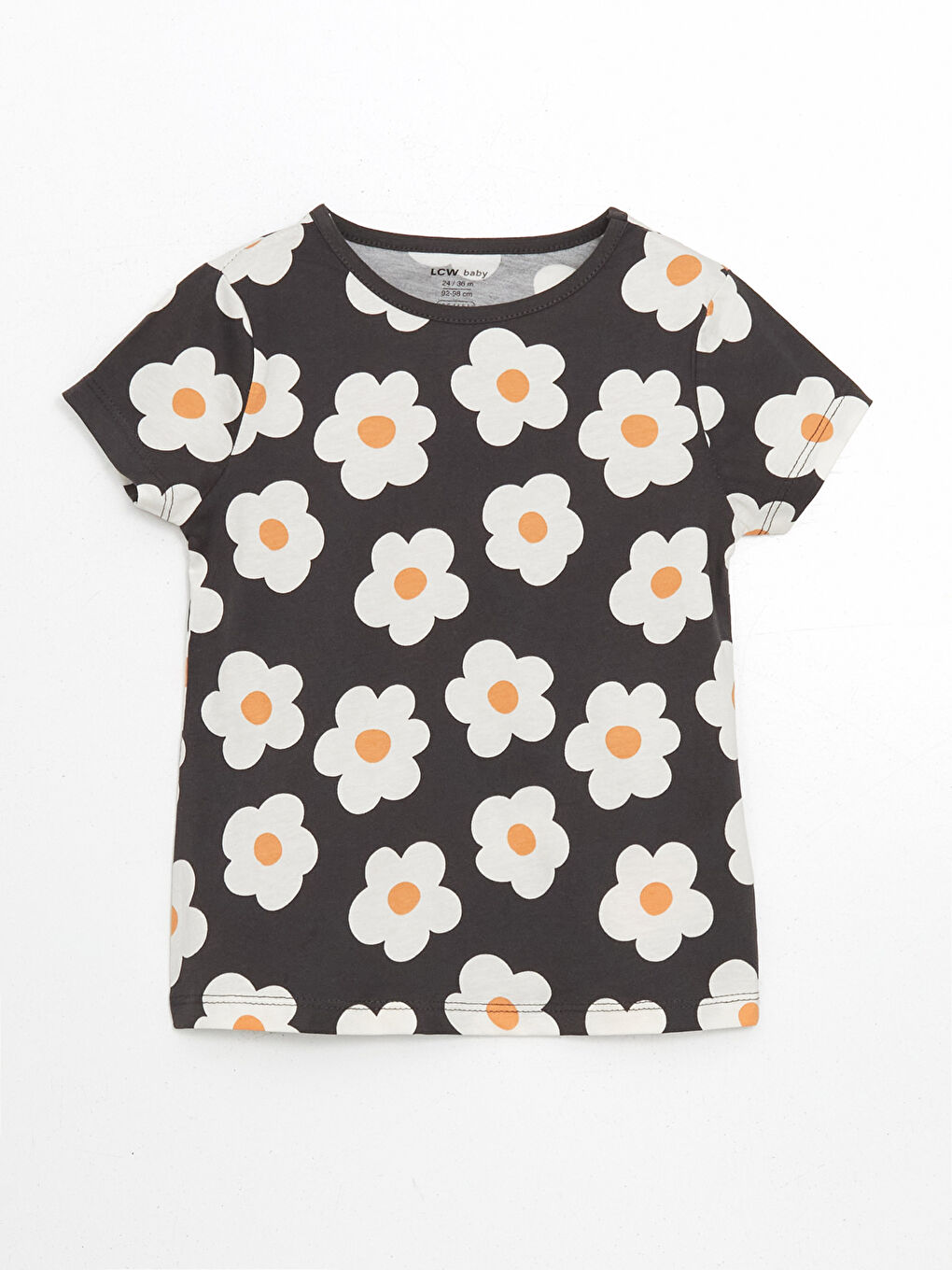 Antrasit Bisiklet Yaka Çiçekli Kız Bebek Tişört