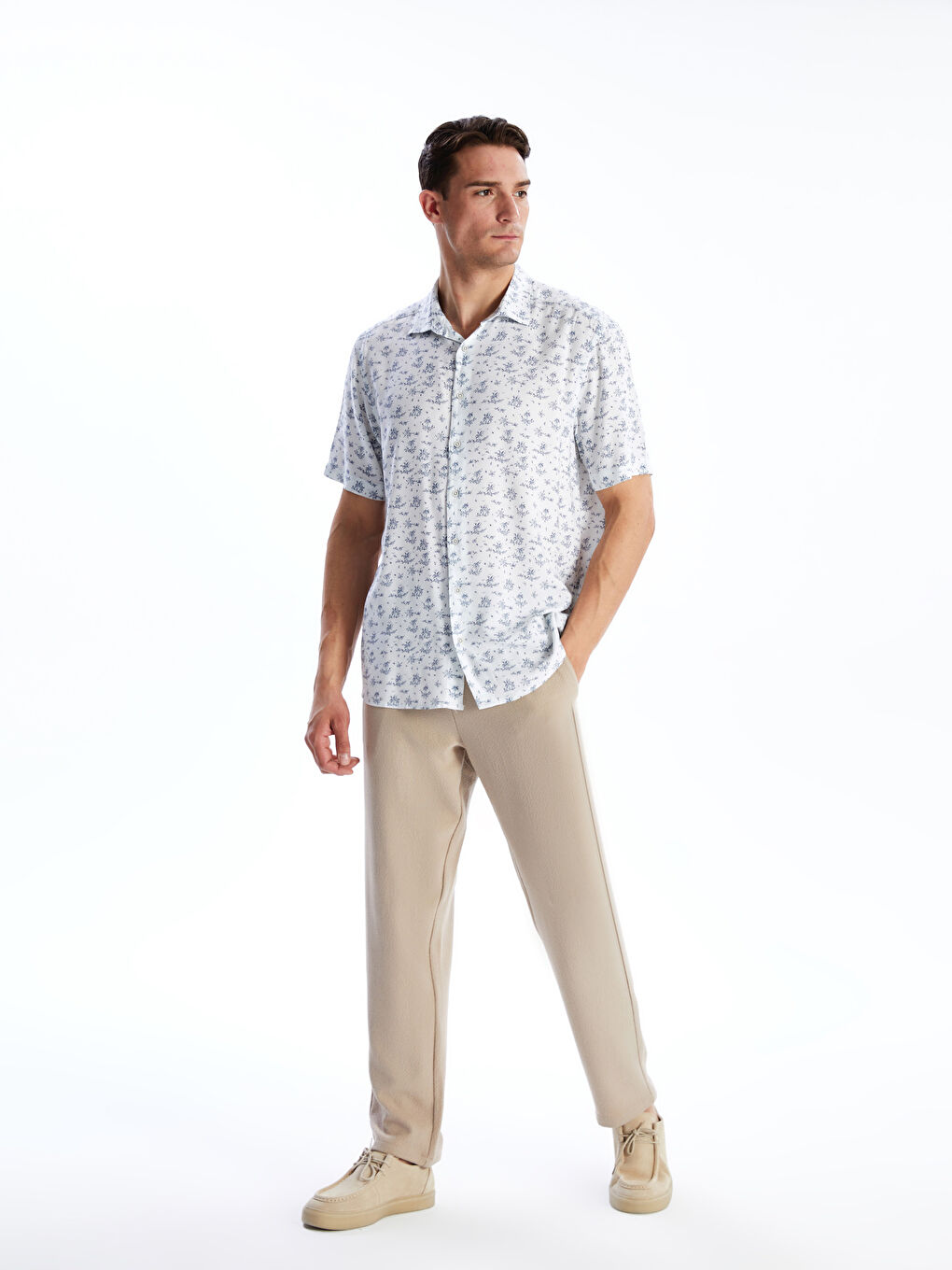 Regular Fit Short Sleeve Patterned Poplin Men's Shirt-1