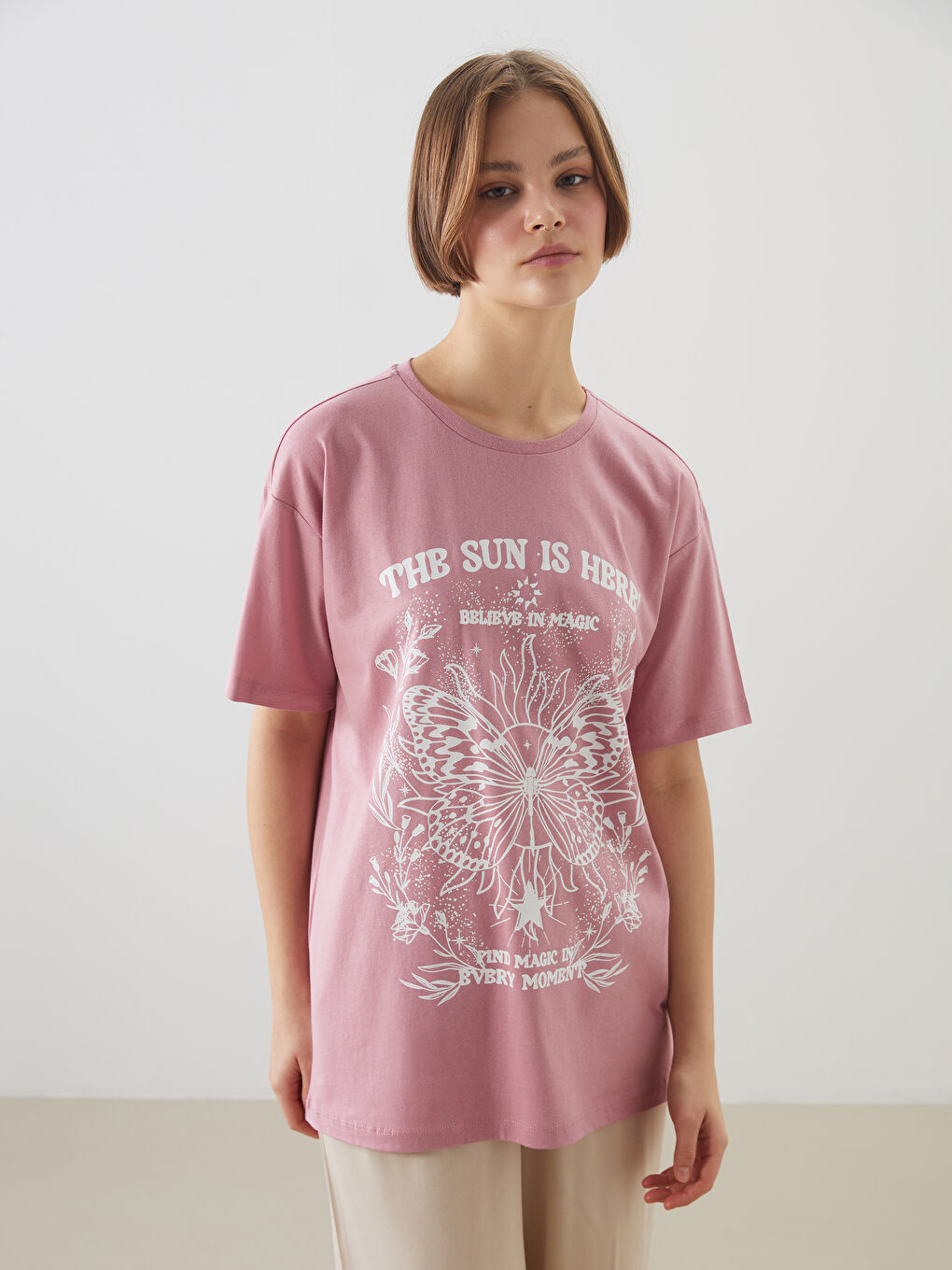 Crew Neck Printed Oversize Women's T-Shirt -S5DL03Z8-GEA