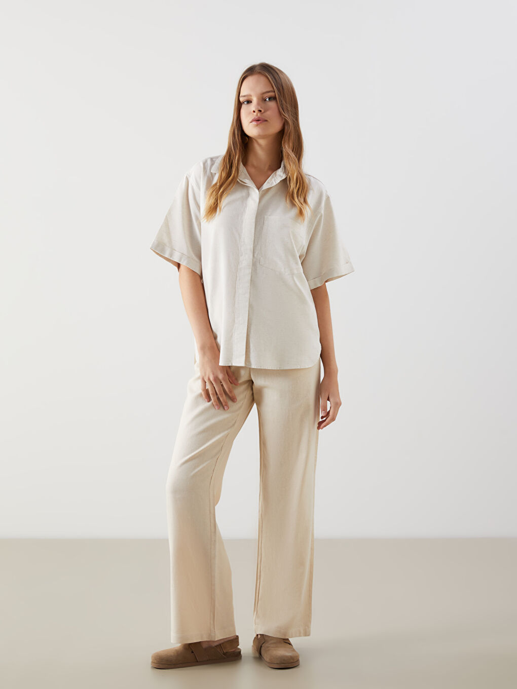 Women's Elastic Waist Linen Blend Trousers -S5DL51Z8-VHM