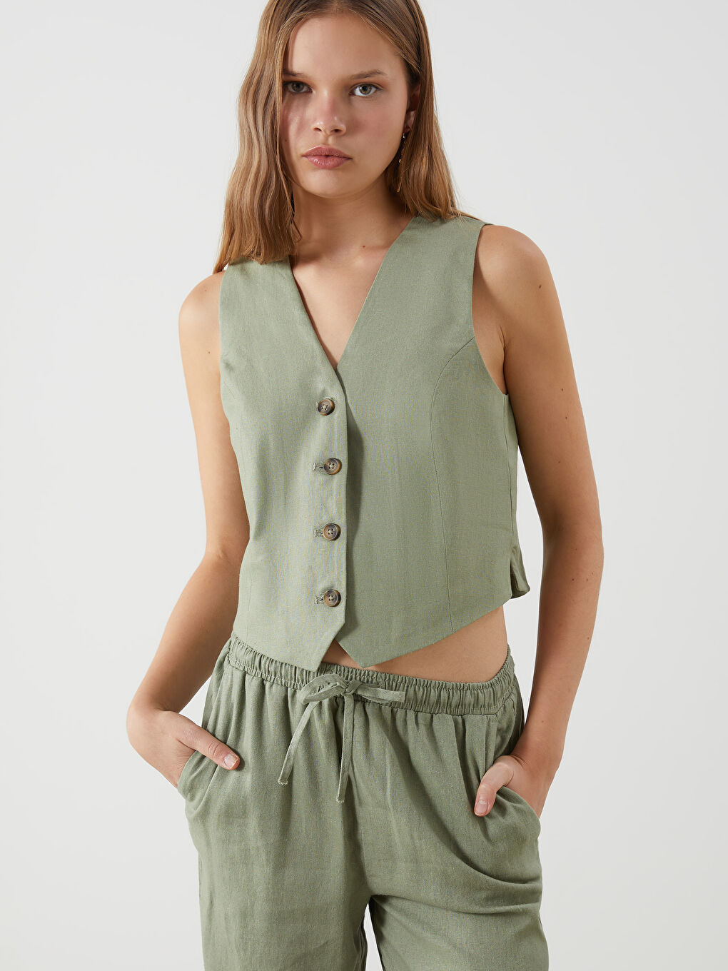 V Neck Buttoned Women's Linen Blend Waistcoat -S5DL54Z8-CZE