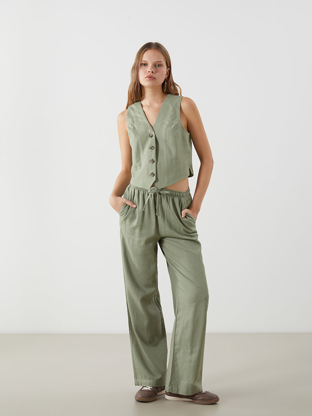 V Neck Buttoned Women's Linen Blend Waistcoat -S5DL54Z8-CZE