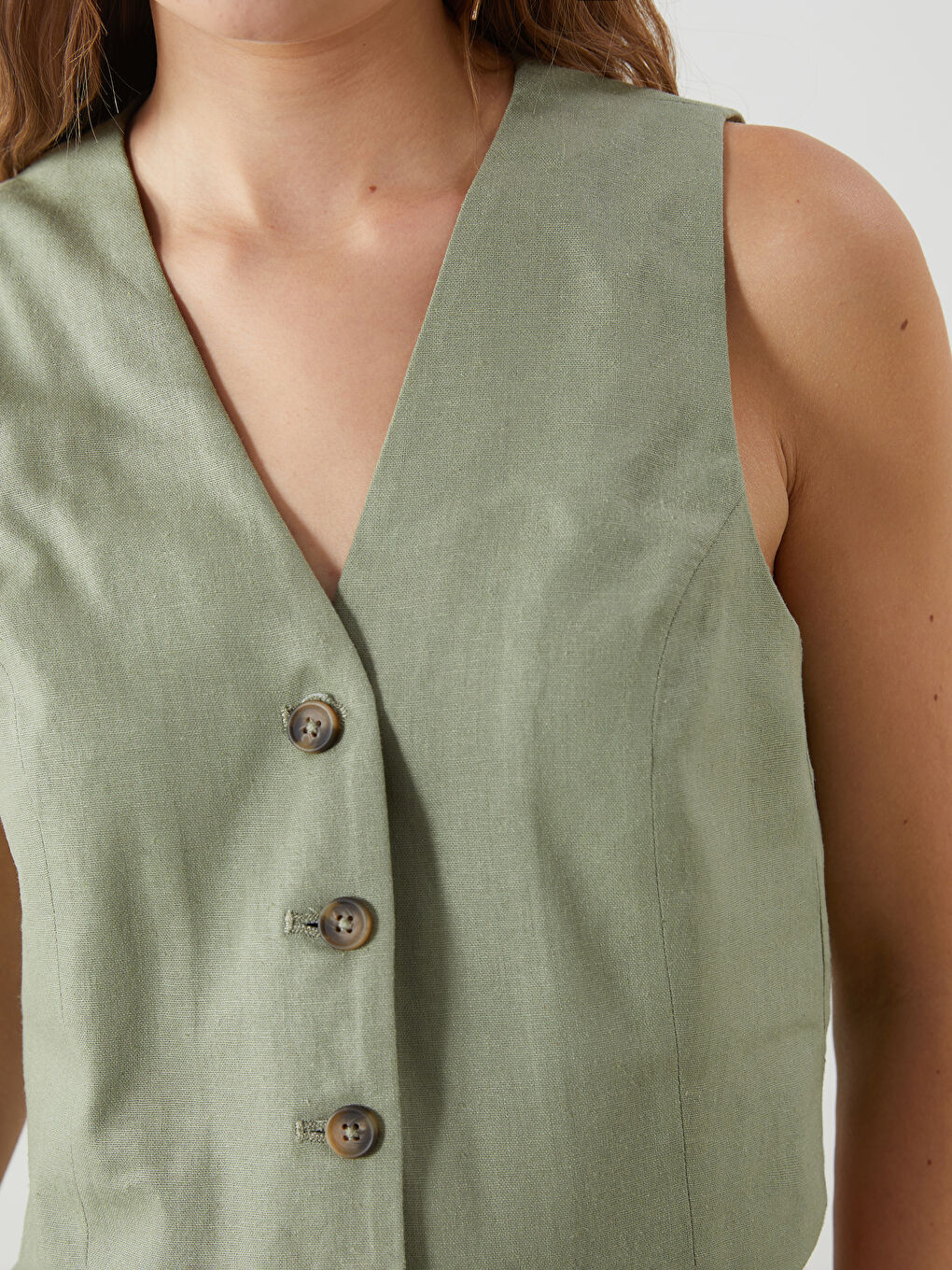 V Neck Buttoned Women's Linen Blend Waistcoat -S5DL54Z8-CZE