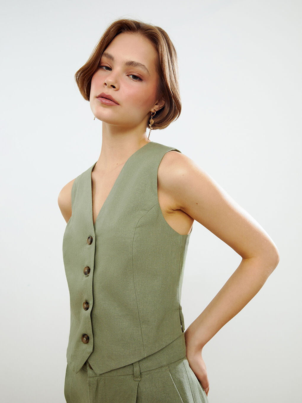V Neck Buttoned Women's Linen Blend Waistcoat -S5DL54Z8-CZE