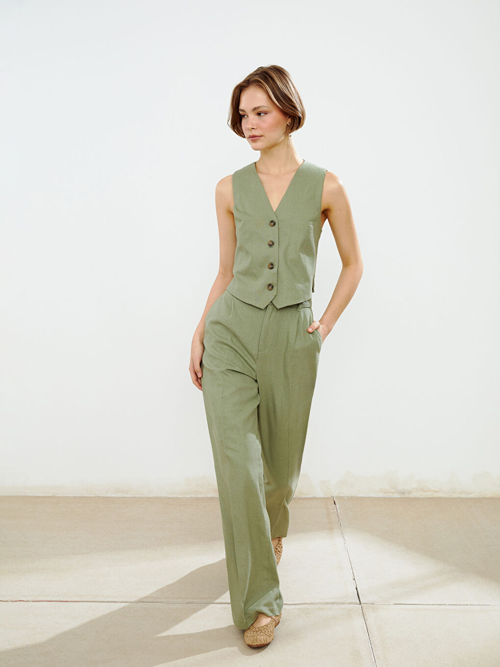 V Neck Buttoned Women's Linen Blend Waistcoat -S5DL54Z8-CZE