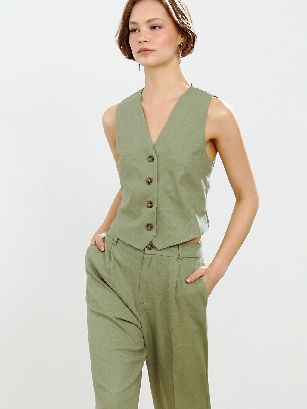 V Neck Buttoned Women's Linen Blend Waistcoat -S5DL54Z8-CZE