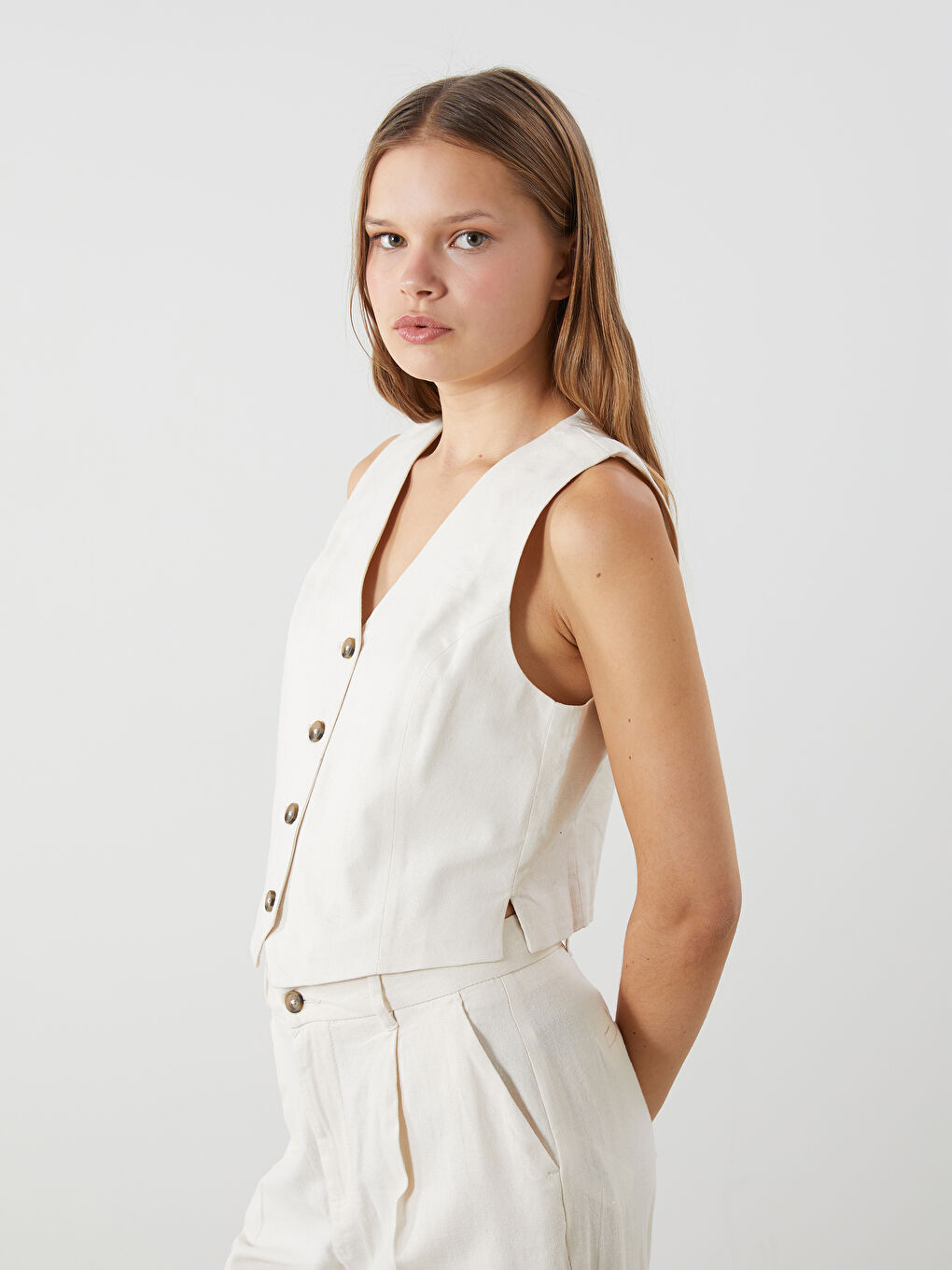 V Neck Buttoned Women's Linen Blend Waistcoat -S5DL54Z8-VHM