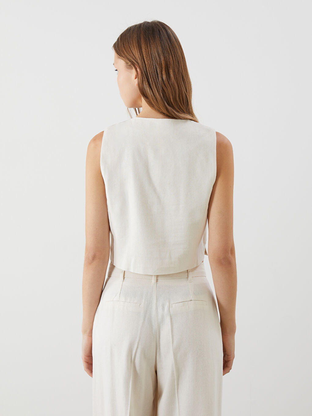 V Neck Buttoned Women's Linen Blend Waistcoat -S5DL54Z8-VHM