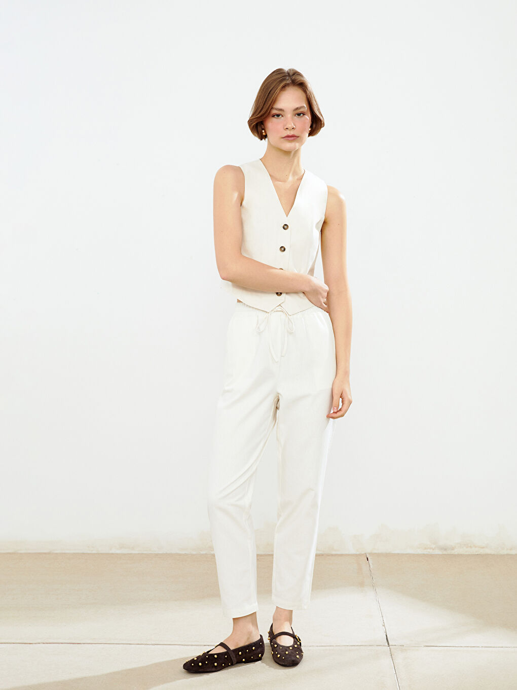 V Neck Buttoned Women's Linen Blend Waistcoat -S5DL54Z8-VHM