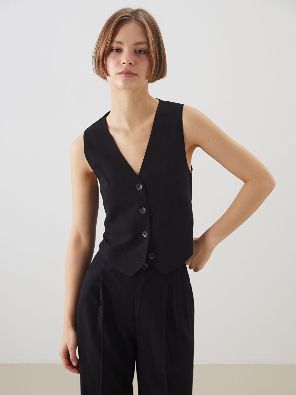 V Neck Buttoned Women's Linen Blend Waistcoat -S5DL54Z8-CVL