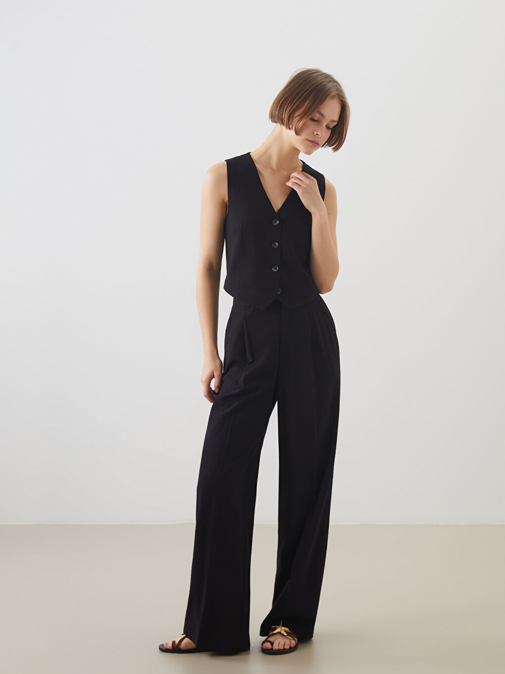 V Neck Buttoned Women's Linen Blend Waistcoat -S5DL54Z8-CVL